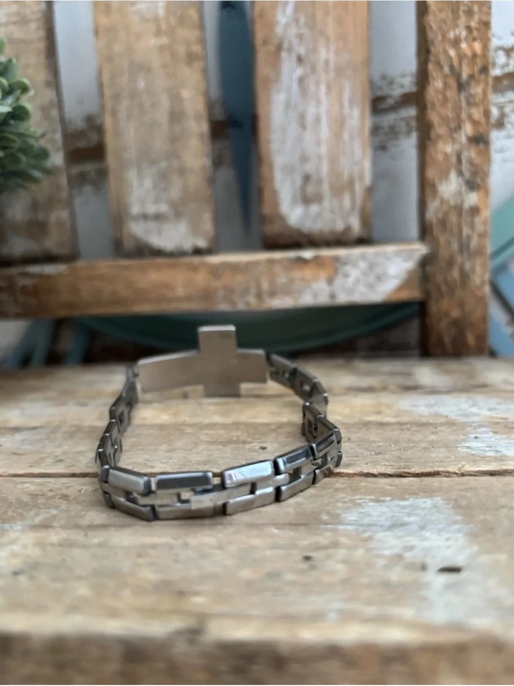 Unisex Stainless Steel Link Religious Cross Bracelet 8.5” NEW